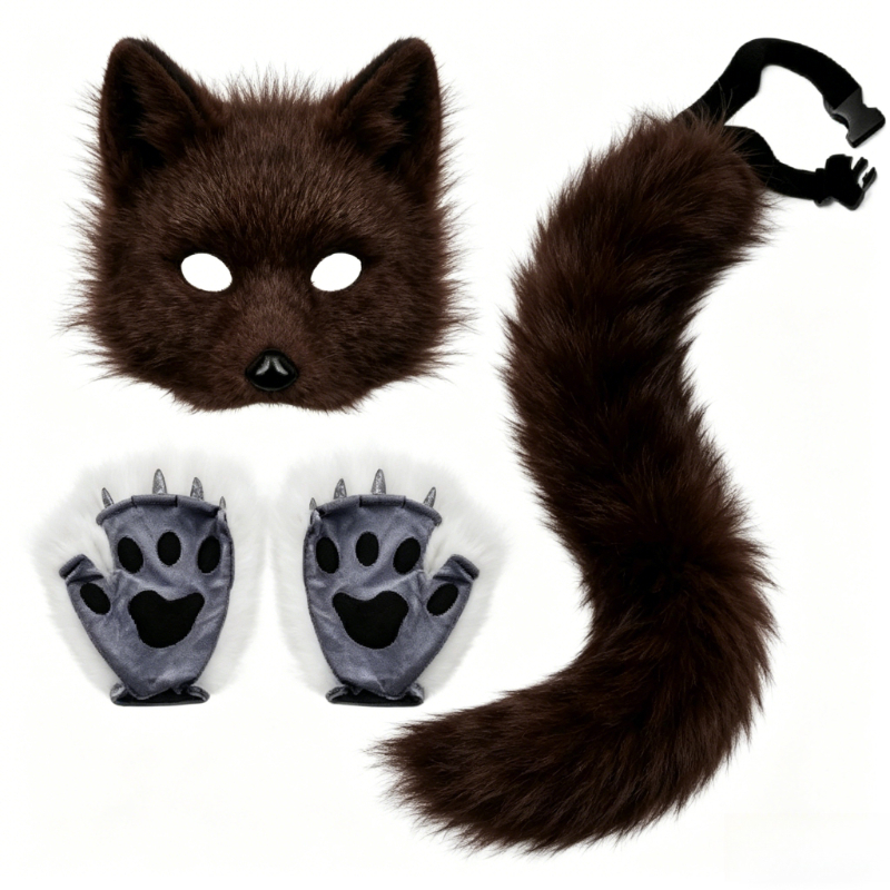 Black Face Mask Pack - Furry Cat Ears Mask Tail &
